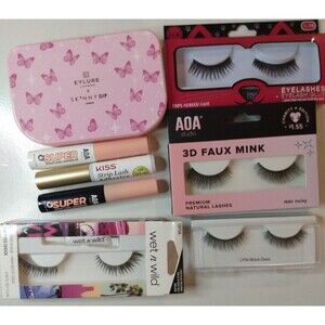 Faux Lashes lot w/ Limited Ed Eylure Skinny Dip Butterfly Lash Case, Glue, JCat